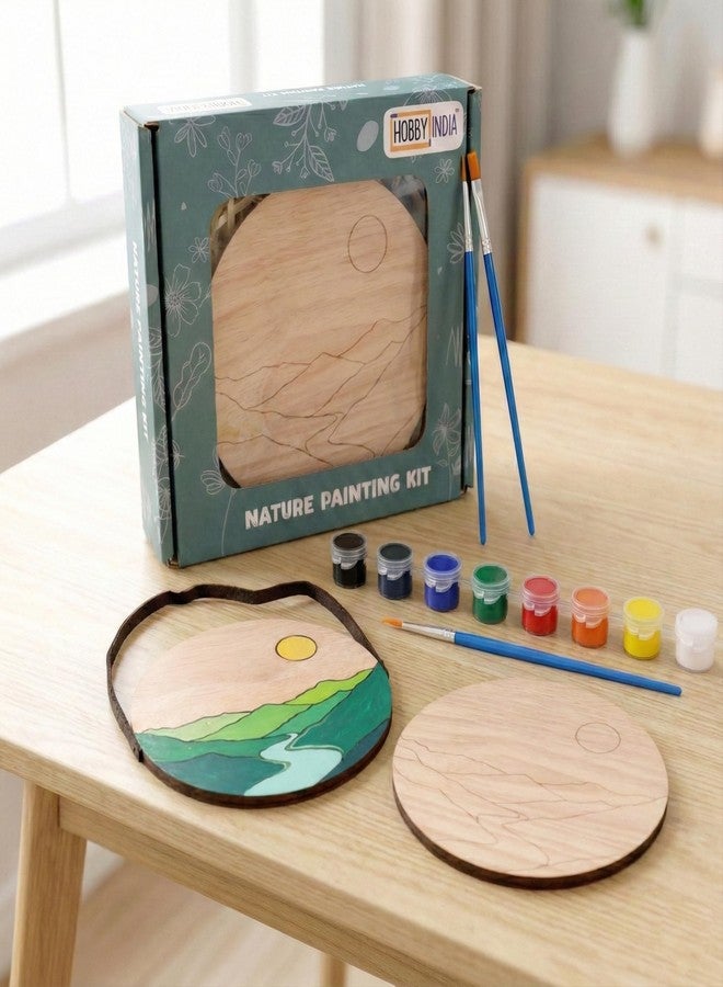 HOBBY INDIA Wooden Painting Kit Set for Kids & Adults | DIY Wall Decor Art & Craft | Round Tree Circle Coaster | Home & Office Hanging Decoration | Birthday Gift for Girls & Boys (Coastal Mountains) - Image 1